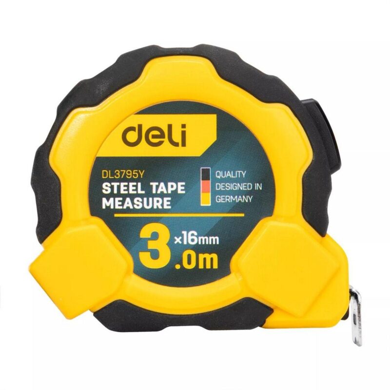 50bf93e0cf53c88f0449df1bfe241f25.jpg Рулетка Deli DL3795 3м*16мм, Автостоп, ударопрочный корпус, метрическая — изображение 1