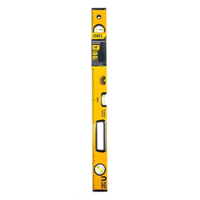 54be51a2f8fd1874d1de2ec27a53ff81.jpg Строительный уровень Deli DL290600 600мм, алюминиевый сплав, мягкие резиновые заглушки, магнит, измерение под углом 45° — изображение 1