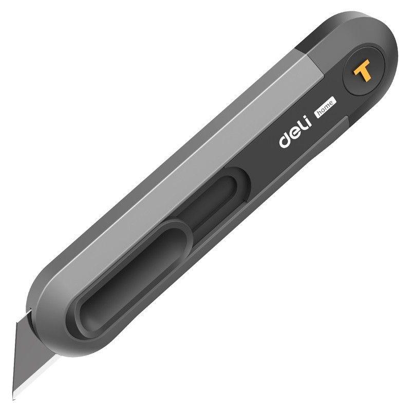 c372632359c16f9af3906683c1b70202.jpg Технический нож "Home Series Black" Deli HT4008 Т-образное лезвие с механизмом автоматического возврата, эксклюзивный дизайн, корпус из высококачественного софттач пластика — изображение 1