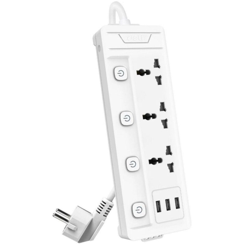 d59c40c5fe864501c0d9b6f73b97fe45.jpg Сетевой фильтр универсальный Deli ET410/ 3розетки + 3USB , 2 м — изображение 1