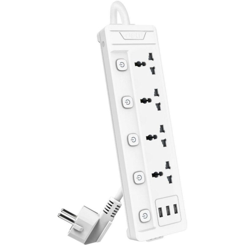 ef7b2804e1e7c37461a707f8878d4646.jpg Сетевой фильтр универсальный Deli ET411/ 4розетки + 3USB , 2 м — изображение 1