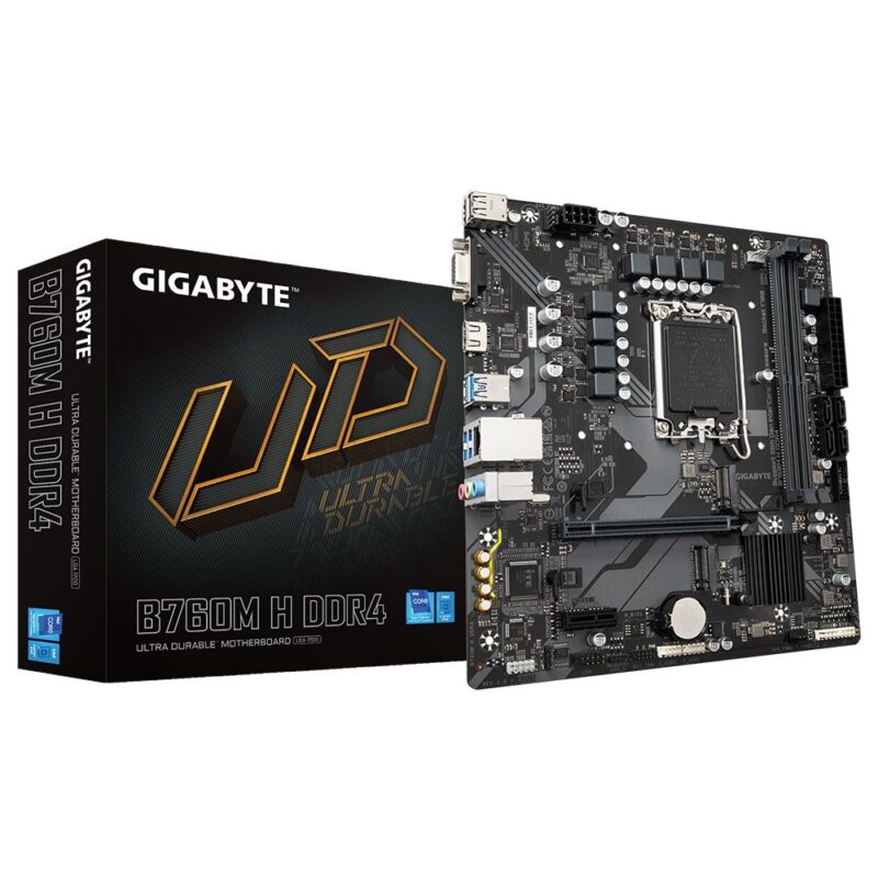 1071233 Материнская плата Gigabyte B760M H DDR4, Socket 1700, Intel®B760, 2xDDR4-3200, D-SUB+HDMI, 1xPCI-Ex16, 1xPCI-Ex1, 4xSATA3(RAID 0/1/5/10), 2xM.2, 8Ch Audio, 2,5GbLan, (2+4)xUSB2.0, (4+2)xUSB3.2, mATX, RTL — изображение 1