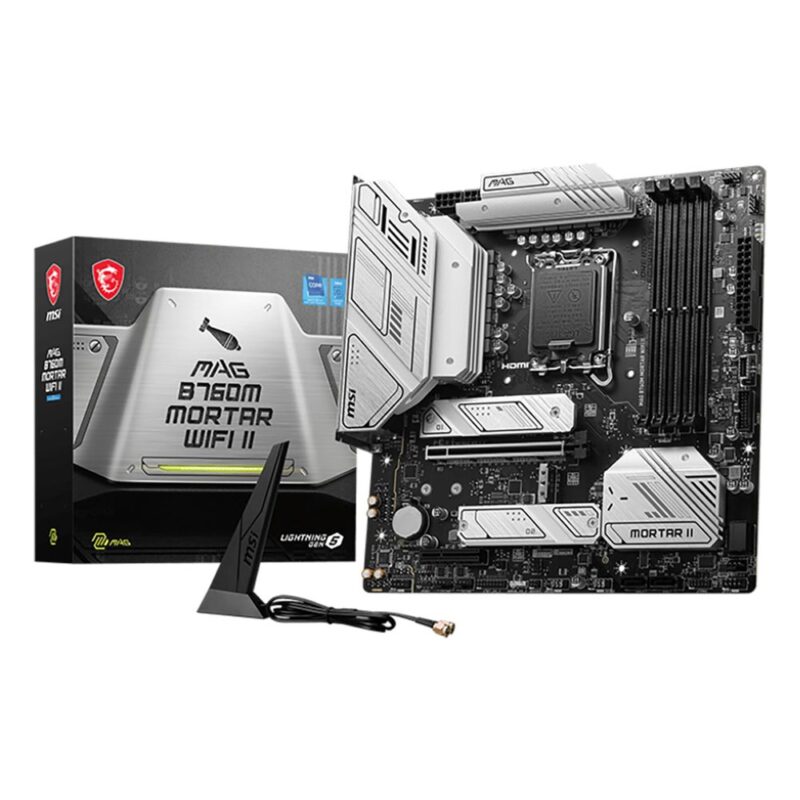 1082000 Материнская плата MSI MAG B760M MORTAR WIFI II B760, LGA1700, 4*DDR5, 1*PCIEx16, 1*PCIEx4, 3*M.2, 2*TypeC, 3*USB3.2Gen2, 2*USB3.2Gen1, 8*USB2.0, 4*SATA3.0, 2.5G, DP, HDMI, M-ATX, RTL — изображение 1