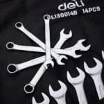 Набор комбинированных гаечных ключей 14 шт Deli DL130014B размеры 10,11,12,13,14,16,17,18,19,21,24,27,30,32мм, матовая хромированная поверхность, чехол из ткани Оксфорд — изображение 6